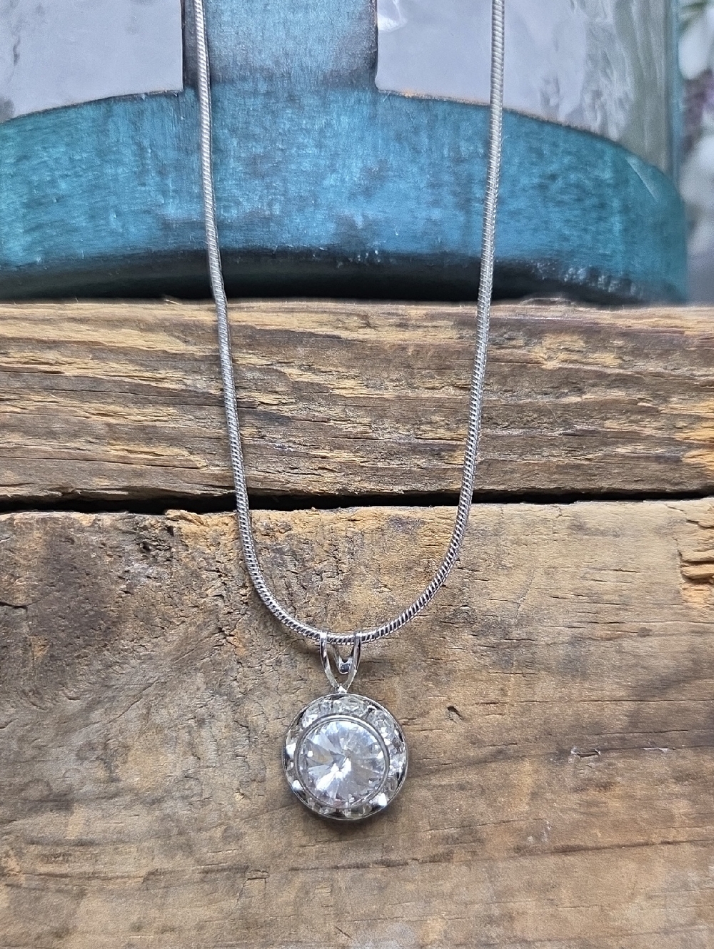 Silver Crystal Round Halo Pendant Necklace - White